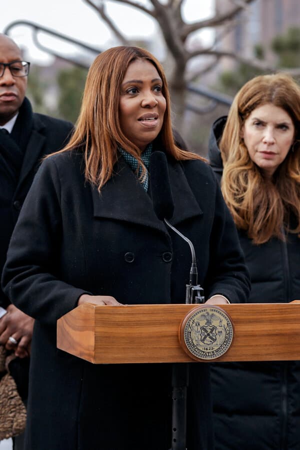 New York Attorney General Letitia James speaking at a podium