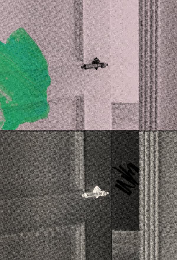 A conceptual illustration of a person looking at an open door representing the search for closure.